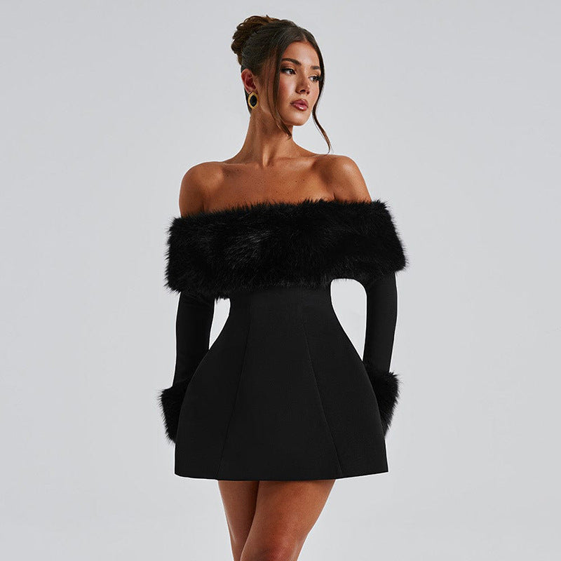 Elegant Fur Black Strapless Mini Dress- Lyon