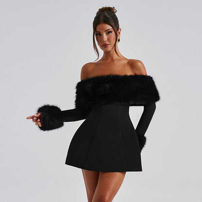 Elegant Fur Black Strapless Mini Dress- Lyon