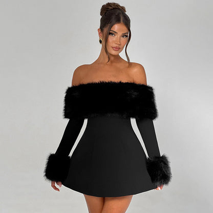 Elegant Fur Black Strapless Mini Dress- Lyon