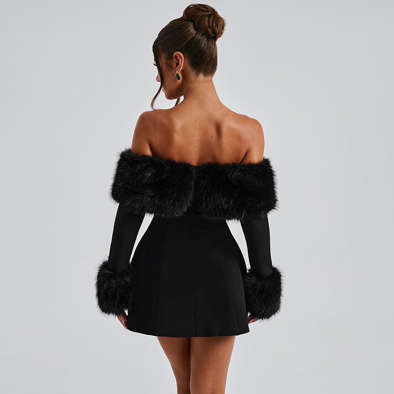 Elegant Fur Black Strapless Mini Dress- Lyon