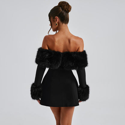 Elegant Fur Black Strapless Mini Dress- Lyon