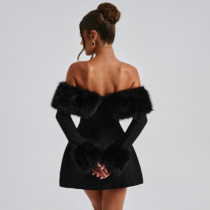 Elegant Fur Black Strapless Mini Dress- Lyon