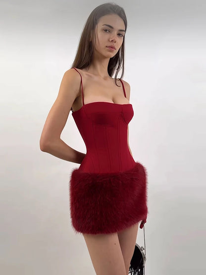 Red fur embellished mini dress- Porto