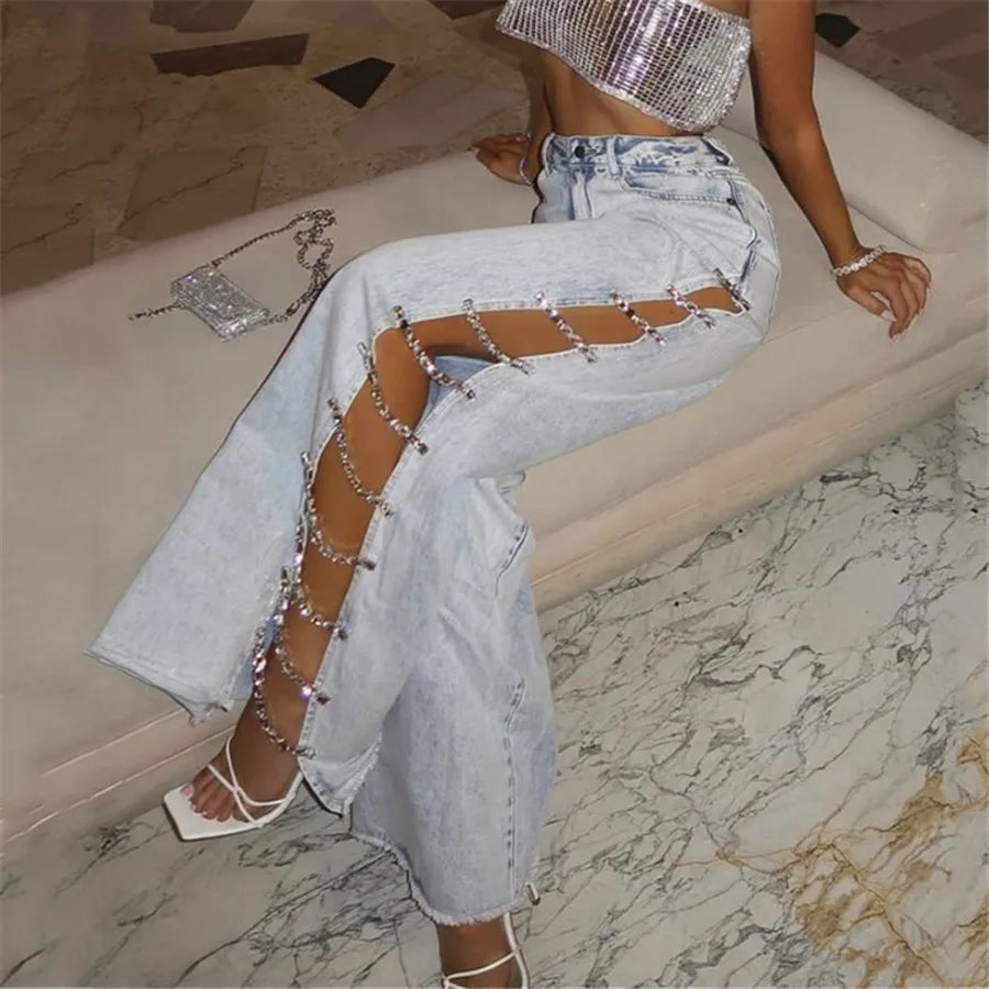 Crystal High-Waist Wide Leg Jeans- Icy