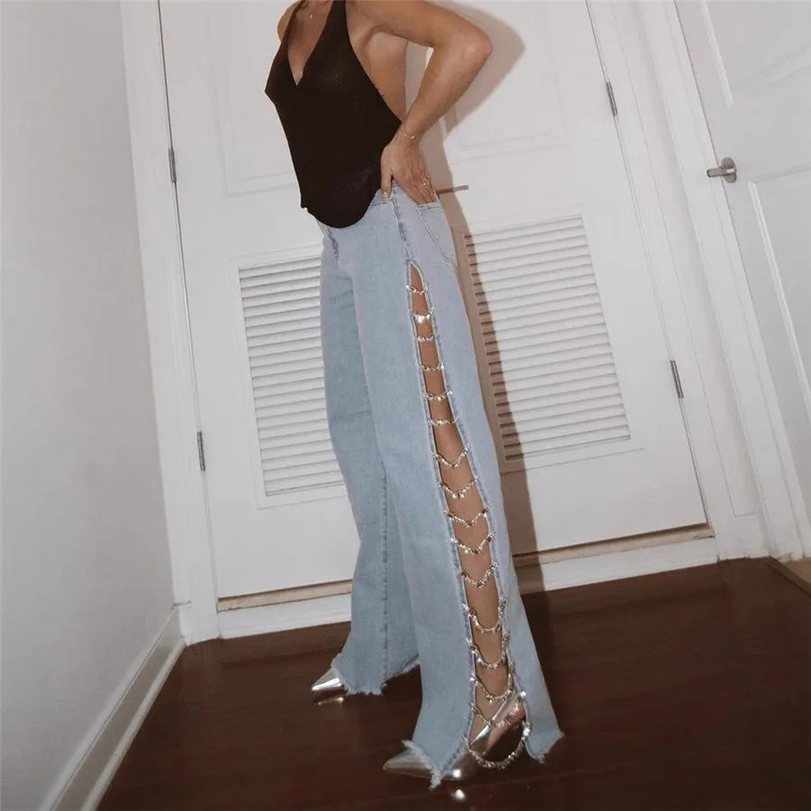 Crystal High-Waist Wide Leg Jeans- Icy