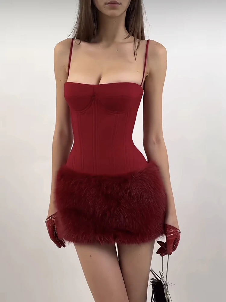 Red fur embellished mini dress- Porto